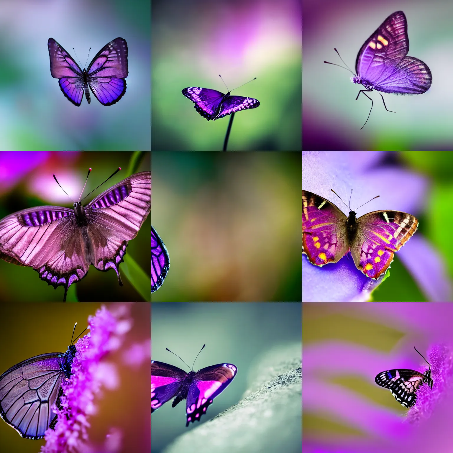 Prompt: extremely close up of a purple butterfly, depth of field, bokeh, magic, glowing fog, trending on artstation