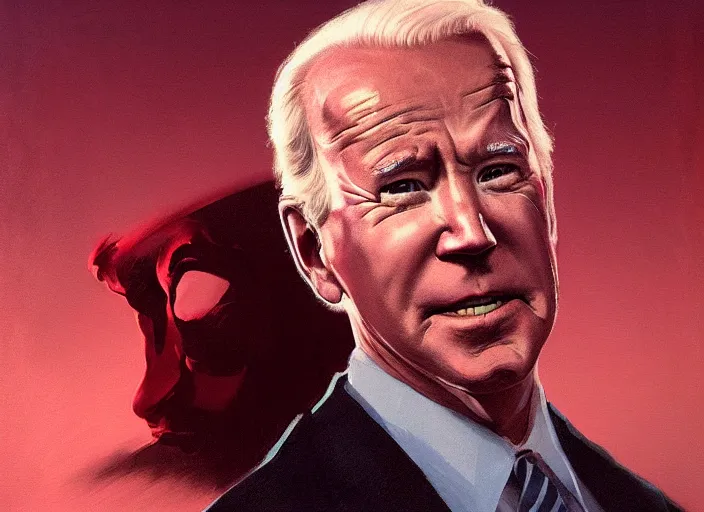 Prompt: portrait of photorealistic joe biden, shadow cast over face, beautiful park landscape lit by blood moon, rule of thirds, painting by sargent and leyendecker, fantasy, medium shot, intricate, matte painting, crimson gradient, dynamic lighting, by greg rutkowski and greg tocchini and james gilleard and joe fenton and greg manchess