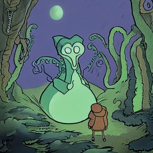 Image similar to lovecraftian horror in moominvalley