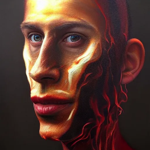 Image similar to a hyper realistic painting of a patient young man in a burning business suit, cloth is burning, full body painting, long shot, coherent symmetrical eyes, calm face, by jeffrey smith, by andrea kowch, by steve henderson, masterpiece, trending on artstation,