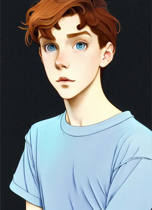 Image similar to art nouveau portrait of a teen boy with completely straight auburn hair, light blue eyes, pale skin, freckles, sad expression, t - shirt, modern casual clothing, natural lighting, path traced, highly detailed, high quality, cartoon, digital painting, by don bluth and ross tran and studio ghibli and alphonse mucha