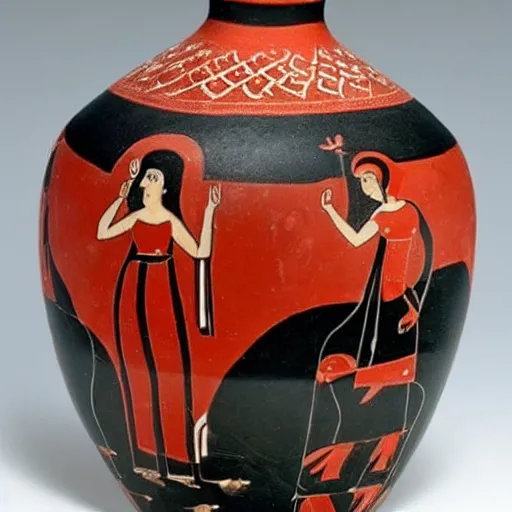 Image similar to red and black greek pottery showing hera scolding aphrodite and artemis for posting divine secrets on twitter