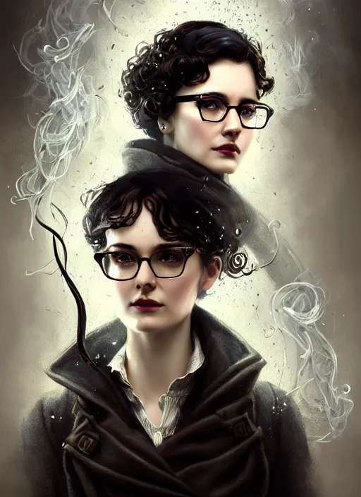 Prompt: a highly detailed portrait of a beautiful intelligent woman as Sherlock Holmes, wavy short black hair and glasses, wispy tendrils of smoke, intricate detail, digital painting, old english, raining, sepia, particles floating, whimsical background by marc simonetti, artwork by ross tran + ramond swanland + liam wong