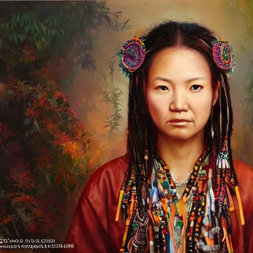 Image similar to portrait of an aboriginal taiwanese amis pangcah woman ( 3 5 ) from taiwan in 2 0 2 1, an oil painting by ross tran and thomas kincade