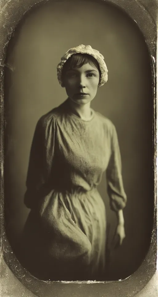 Prompt: a wet plate photograph, a portrait of a beautiful woman wearing a bonnet