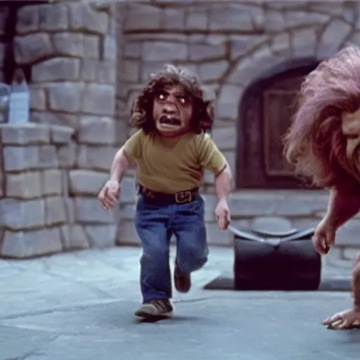 Prompt: “a still of Peter Dinklage running away from the troll in Ernest Scared Stupid”