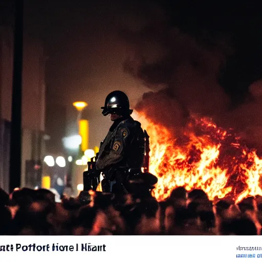 Image similar to portrait of a policeman head on fire during a riot, centered, at night ,editorial photography