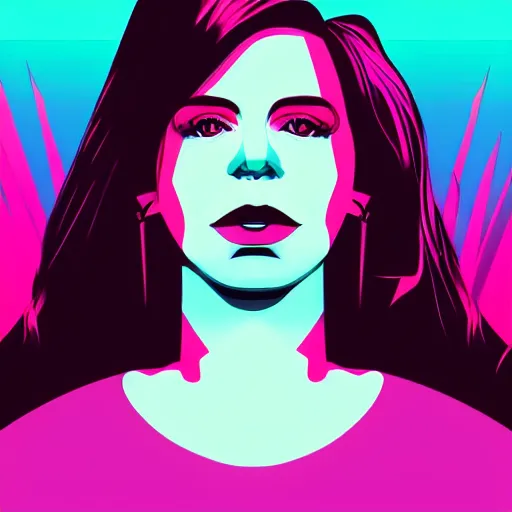 Prompt: a closeup of a woman biting her lip, in retro colors, synthwave style, 2 d digital vector art