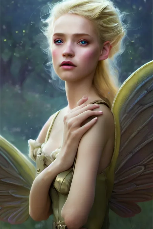 Image similar to cinematic shot of an epic portrait of a cute blonde fairy dressed in military clothes, stylised military clothes, large wings on back, shiny skin, beautiful, small details, realistic poster with volumetric light from jeremy lipkin and michael garmash, craig mallism, artgerm, unreal engine, radiant light, digital art, trends at art station, a masterpiece