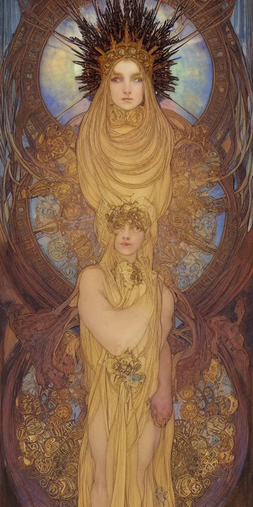 Prompt: portrait burning saint woman, venus, athena, halo, queen, by alphons mucha and annie swynnerton and jean delville, strong dramatic cinematic lighting, ornate headdress, flowing robes, spines, flowers, stars, lost civilizations, smooth, sharp focus, extremely detailed, marble, gold, space