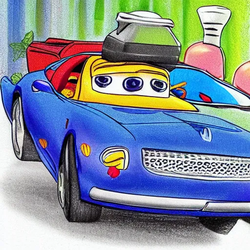 Prompt: one, two, three, four, five everybody in the car, so come on, let's ride to the liquor store around the corner the boys say they want some gin and juice but i really don't wanna, drawing by pixar