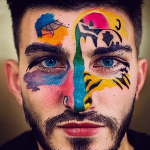 Prompt: a picture of an attractive man with colorful animal tattoos on his face