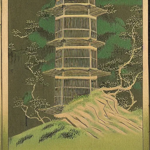 Prompt: The abandoned wizard\'s tower in the overgrown garden. Japanese manuscrript painting.