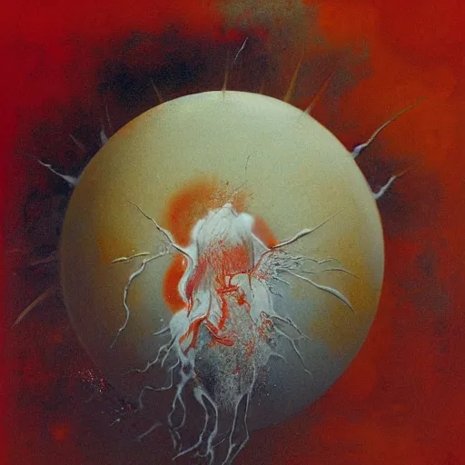 Image similar to a sphere being devoured by abstract splatters of white paint in the style of francis bacon, venus being engulfed in white flames in the style of james jean, surreal, beksinski, high detailed