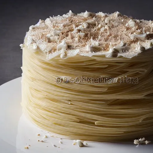 Prompt: a tripple layer wedding cake made out of pasta spaghetti, professional food photography, very detailed, 4k