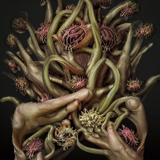 Image similar to disgusting hellish disturbing strange dutch golden age bizarre mutant flower floral still life with many human toes realistic human toes blossoming everywhere creepy insects very detailed fungus tumor disturbing tendrils bizarre slimy forms sprouting up everywhere by rachel ruysch christian rex van minnen black background chiaroscuro dramatic lighting perfect composition masterpiece high definition 8 k 1 0 8 0 p