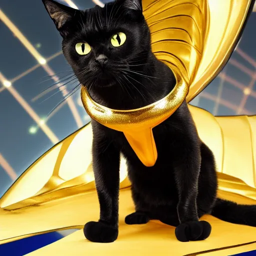 Image similar to a black cat wearing a gold armor outfit, a character portrait by hanns katz, shutterstock contest winner, afrofuturism, sci - fi, creative commons attribution, toonami