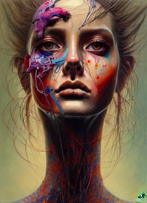 Prompt: a hyper detailed and abstract portrait of a female model, bored eyes, cool expression, beautiful symmetrical face, award winning painting, brush splashes of vivid colors, artwork by chiara bautista and beksinski and norman rockwell and greg rutkowski, tom bagshaw weta studio, and lucasfilm