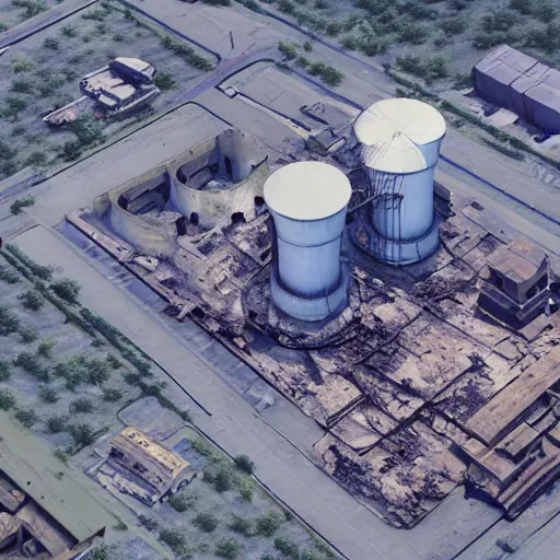 Prompt: top down aerial view of dilapidated nuclear plant with cooling tower in real life, desolate with zombies, dilapidated, zombies in the streets, nightmarish, some rusted style pipes, sunny weather, few clouds, volumetric lighting, photorealistic, daytime, autumn, sharp focus, ultra detailed, cgsociety