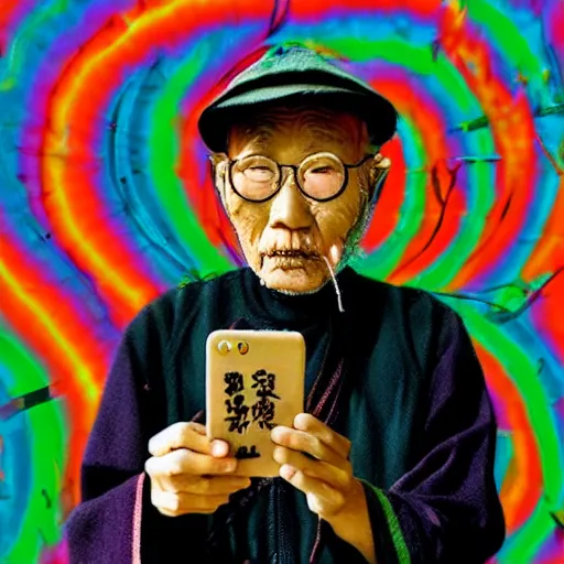 Image similar to selfie old japanese man, psychedelic background, horror