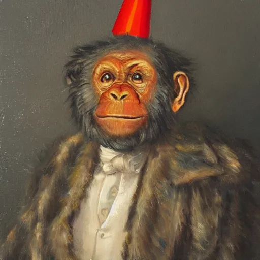 Prompt: An exquisite oil painting of a chimpanzee dressed like the DUke of Wellington with a traffic cone on his head