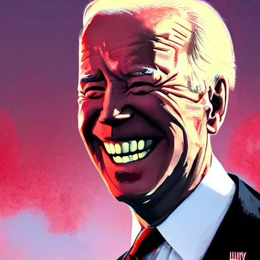 Image similar to joe biden smiling with blood in his face while behind him the world is burning, dramatic lighting, cinematic, establishing shot, extremly high detail, photorealistic, cinematic lighting, artstation, style by James Gurney