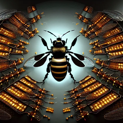 Image similar to A photorealistic 3d render of a robot Bee made of circuits wide view shot by ellen jewett , tomasz alen kopera and Justin Gerard symmetrical features, ominous, magical realism, texture, intricate, ornate, royally decorated, android format, windows, many doors, roofs, complete house , whirling smoke, embers, red adornments, red torn fabric, radiant colors, fantasy, trending on artstation, volumetric lighting, micro details, 3d sculpture, ray tracing, 8k