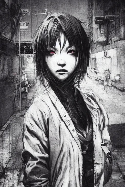 Image similar to grunge portrait of a Japanese creepy nurse girl, wearing a straight jacket in a busy Tokyo street at night, intricate artwork, nightmare fuel, terrifying, by akihiko yoshida , trending on artstation, greg rutkowski very coherent artwork. cinematic, hyper realism, high detail, octane render, 8k