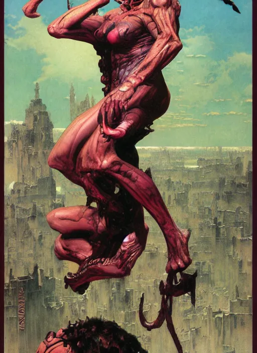 Image similar to pinky demon from doom, dynamic action, by lawrence alma tadema and zdzislaw beksinski and norman rockwell and jack kirby and tom lovell and greg staples, arstation doom concept art