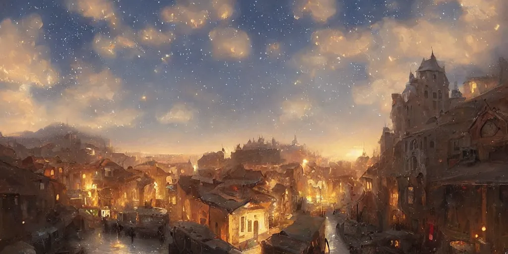 Image similar to stunning landscape painting of an city from 1 7 0 0 with stars in the sky by krenz cushart