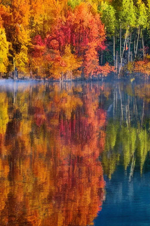 Prompt: watercolor painting a beautiful lake, tall trees surrounding the lake of maple and poplar trees, in the autumn, red orange and yellow leaves, trees reflecting on the lake