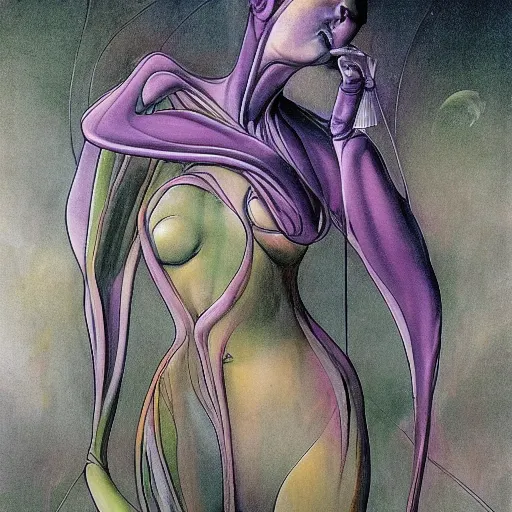 Prompt: viridian, archean by m. w. kaluta, by jim burns, by zaha hadid romantic, sinister. a beautiful body art. wind snapped at me, warm & fragrant. the atmosphere was thick with pollen & micro - organisms, goading my body ’ s ancient defences.