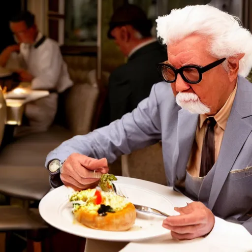 Image similar to colonel sanders eating in a michelin star french restaurant