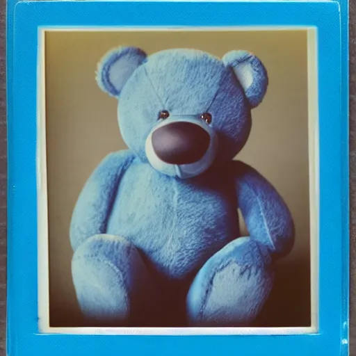 Prompt: a polaroid photo of a blue teddy bear