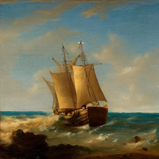 Image similar to A coast with sand and small rocks with a blue sky and a troubled sea and an old sailing ship on the horizon and in the sky is a flock of birds flying southwards, painted in oil colours