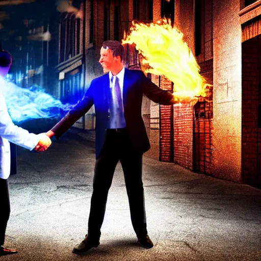 Image similar to A man in a suit on the left shakes hands with a man made of fire and plasma in the right, alleyway, downtown, realistic digital photo, surreal