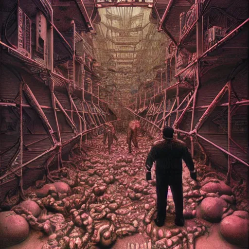 Image similar to paul blart flesh mall, highly detailed, environment art, body horror, biopunk, by zdzisław beksinski, peter gric, marco mazzoni