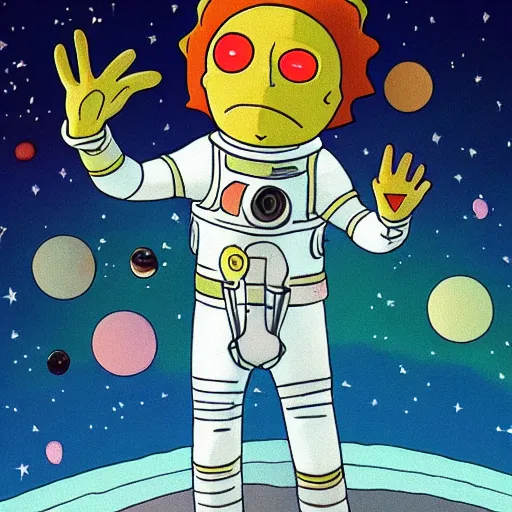 Prompt: morty in a spacesuit roams the universe