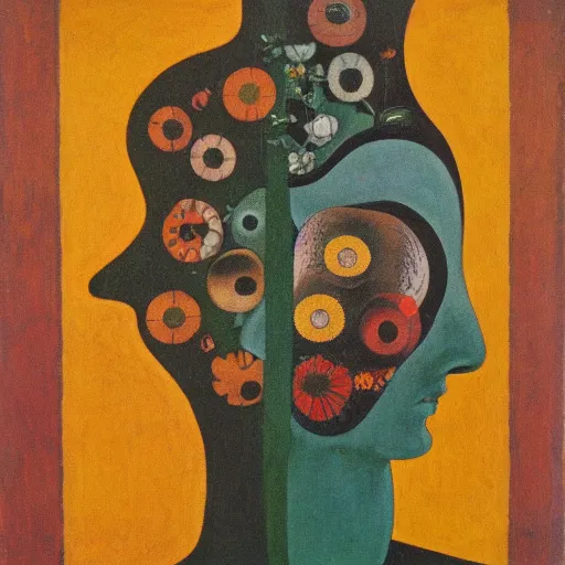 Image similar to floral face portrait by leonetto cappiello and wojciech siudmak and ernst fuchs, anni albers, oil on canvas