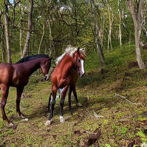 Image similar to two badly hurt horses with some arrows on their body, lying on the woods path, dense thickets on each side, photo, 8 k