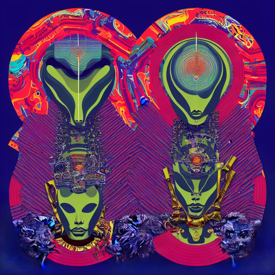 Prompt: album cover design design depicting the alter to the alien machine gods, by jonathan zawada, pi - slices, and tristan eaton, digital art