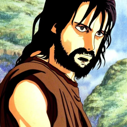 Image similar to aragorn from the anime lord of the rings (1986), looking serious, some beard, studio ghibli, very detailed, realistic