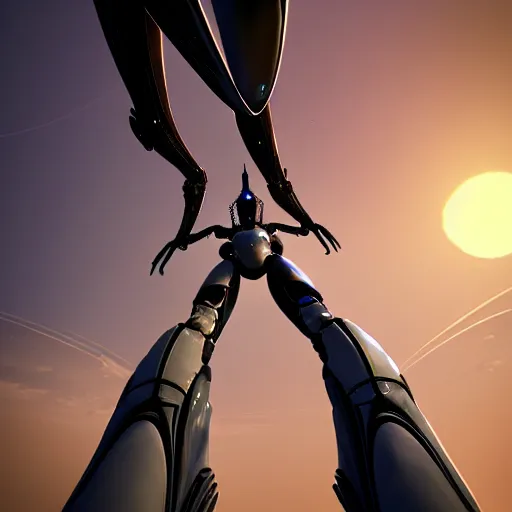 Image similar to worm's eye view from the floor, looking up, at a highly detailed 300 foot tall giant exquisite beautiful female warframe, as an anthropomorphic robot dragon, posing elegantly over your tiny form, camera looking up from the ground, at the beach on a sunset, sleek streamlined design, streamlined matte black armor, sharp detailed claws, detailed sharp robot dragon feet, giantess shot, upward shot, ground view shot, front shot, cinematic shot, high quality warframe fanart, captura, realistic, professional digital art, high end digital art, furry art, giantess art, anthro art, DeviantArt, artstation, Furaffinity, 8k HD render, epic lighting