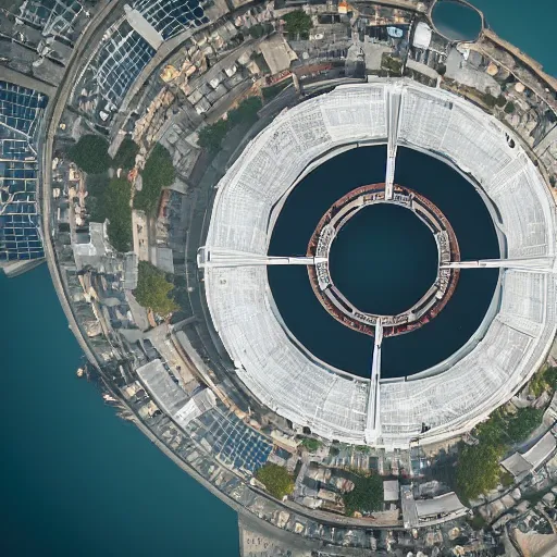 Image similar to a giant ring-shaped space station encircling a modern city floating above the city, the ring is horizontal, surrounding the city, cinematic