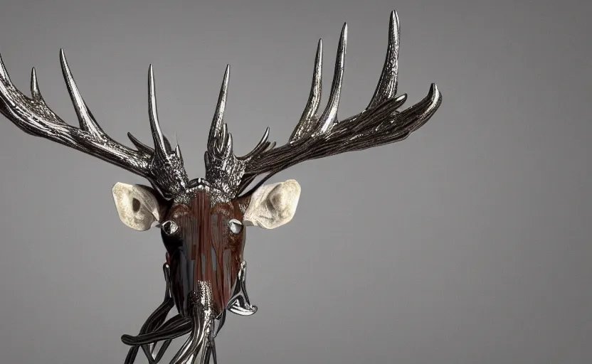 Prompt: stylized shiny polished silver statue full body extra limbs bizarre cosmic horror quadruped animal moose deer skull four legs made of marble of slug creature tendrils, perfect symmetrical body, perfect symmetrical face, hyper realistic, hyper detailed, by johannen voss, by michelangelo, octane render, blender, 8 k, displayed in pure white studio room medical render red veins