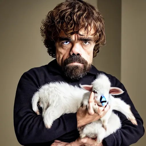 Prompt: peter dinklage holding a baby goat, ( sony a 7 r iv, symmetric balance, polarizing filter, photolab, lightroom, 4 k, dolby vision, photography awardm, voque, perfect face )