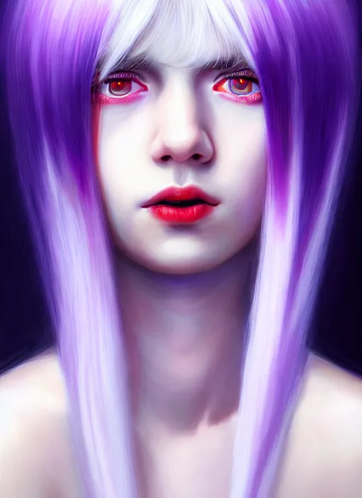 Image similar to hair whitebangs hair, black hair, whitebangs, portrait of teenage girl with white bangs, red irises, purple clothes, white bangs, bangs are different color from hair, intricate, elegant, glowing lights, highly detailed, digital painting, artstation, concept art, smooth, sharp focus, illustration, art by wlop, mars ravelo and greg rutkowski