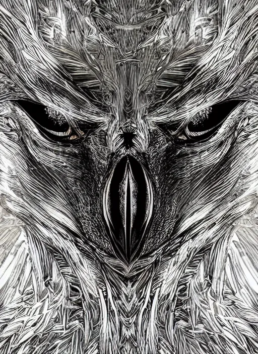 Image similar to glowing silver and golden elements, full close-up portrait, crow portrait from shutterstock, book cover, green forest, white moon, red lips, establishing shot, extremly high detail, photo-realistic, cinematic lighting, pen and ink, intricate line drawings, by Yoshitaka Amano, Ruan Jia, Kentaro Miura, Artgerm, post processed, concept art, artstation, matte painting, style by eddie mendoza, raphael lacoste, alex ross