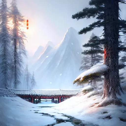Image similar to a portal from beautiful chinese forest to alaskan tundra snow covered landscape painted by greg rutkowski, makati shinkai, james gurney, wlop