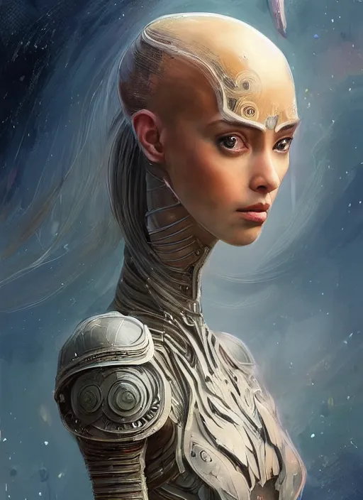 Image similar to a professional painting of a beautiful young female alien, clothed in ethereal armor, olive skin, long dark hair, beautiful bone structure, symmetrical facial features, intricate, elegant, digital painting, concept art, smooth, sharp focus, illustration, from Valerian and the City of a Thousand Planets, by Ruan Jia and Mandy Jurgens and Artgerm and William-Adolphe Bouguerea